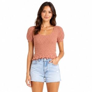 Lulus Pointelle Knit Sweater Women S Ruffled Cropped Pink Demure Cottage-core
